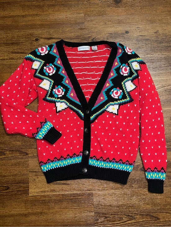 Complements Sweaters - Vintage Chunky Knit Ramie Blend Cardigan Red Sweater Geometric 80’s Retro Size S